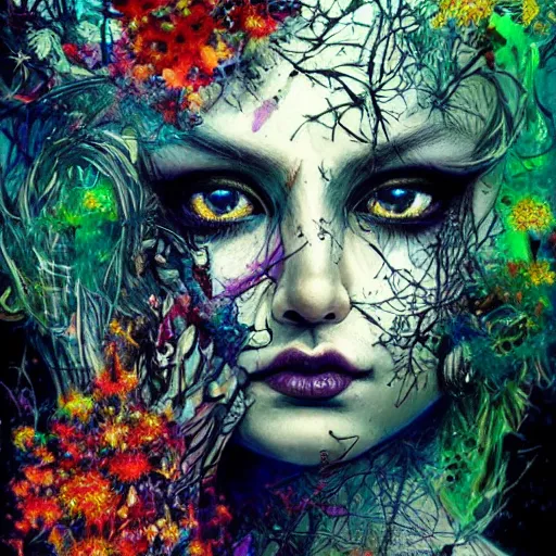 Image similar to gothic mute hybrid cyborg warrior girl of flowers, cybor clothes shaping love!, freedom fighter, eerie, cinematic, epic, 8 k, ultra realistic,. | a psychedelic, illustration by albrecht durer, concept art in style of carne griffiths artwork by xsullo. | backround of beautiful floweres floatingby elson, peter kemp, peter