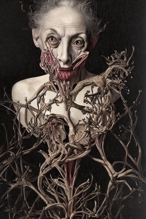 Image similar to Detailed maximalist portrait of a beautiful old woman with large lips and eyes, scared expression, botanical skeletal with extra flesh, HD mixed media, 3D collage, highly detailed and intricate, surreal illustration in the style of Caravaggio, dark art, baroque, centred in image