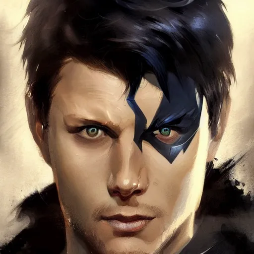 Image similar to a portrait of Jensen Ackles as Nightwing, DC art, art by Greg Rutkowski, matte painting, trending on artstation