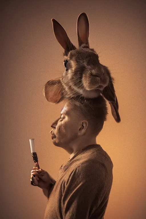 Image similar to portrait of a half cherokee half rabbit smoking a pipe, dramatic lighting, studio photo, realistic