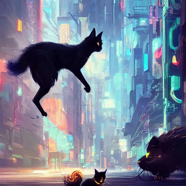 Image similar to a painting of a cute black cat in cyberpunk city. character design by cory loftis, fenghua zhong, ryohei hase, ismail inceoglu and ruan jia. volumetric light, detailed, rendered in octane