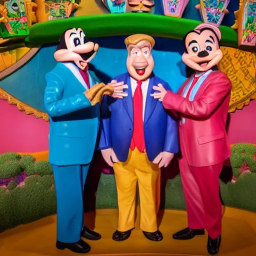 Prompt: three puppets inside the its a small world ride at disneyland that look like donald trump and greg abbott and ron desantis, highly detailed, high definition, ultra realistic