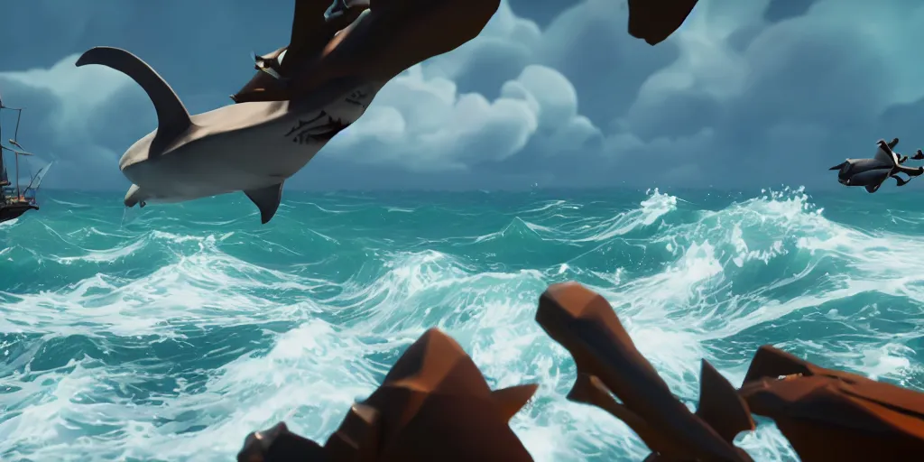 Image similar to a shark flying in the sky in a rough sea, sea of thieves style, unreal engine, cinematic, waves, fog, clouds, rain