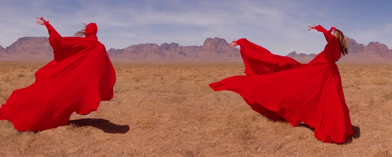 Image similar to A woman dancing in an endless red cape that ribbons across the sky into the distance, floating in the sky above a desert, film still, anamorphic