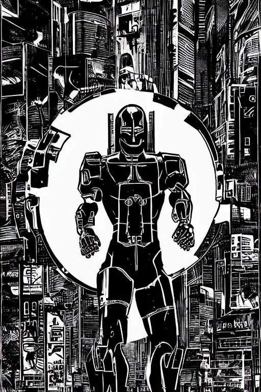 Image similar to ultron standing heroically, a page from cyberpunk 2 0 2 0, style of paolo parente, style of mike jackson, adam smasher, johnny silverhand, 1 9 9 0 s comic book style, white background, ink drawing, black and white