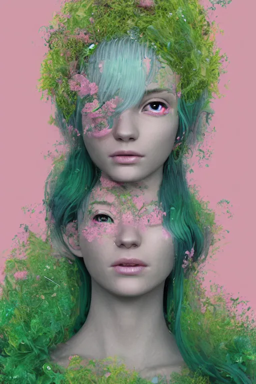 Prompt: transcending yesterday's self, vine headdress, moss patches, 2 0 mm, with pastel yellow and green bubbles bursting, pink hair, melting into lilligant, delicate, beautiful, intricate, houdini sidefx, by jeremy mann and ilya kuvshinov, jamie hewlett and ayami kojima, bold 3 d