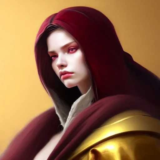 Prompt: Hyperrealistic portrait of a girl with cream coloured hair wearing a heavy maroon cloak, Overwatch inspired, golden accents, face, fantasy, intricate, elegant, highly detailed, digital painting, artstation, concept art, smooth, sharp focus, illustration, art by Wei Fan and Fernanda Suarez and Artem Demura and alphonse mucha