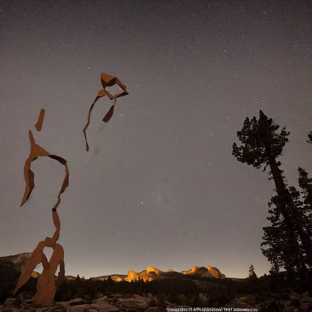 Image similar to to fathom hell or soar angelic, just take a pinch of psychedelic, a colossal minimalistic necktie sculpture installation by ( ( anthony caro ) ) and ( antony gormley ), reimagined by future artists in yosemite national park, granite peaks visible in the background, in the distant future, taken in the night