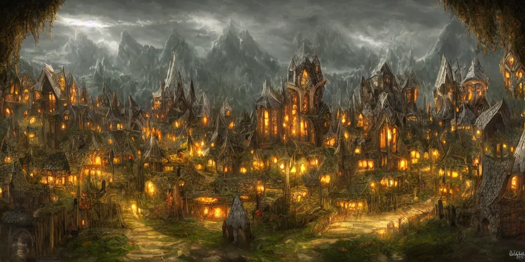 Prompt: high fantasy magical elven town village, gilroy gardens, j. r. r tolkien, lord of the rings, rpg, dungeons and dragons, elden ring, adventure, environment, smooth, sharp focus, deviantart, artstation