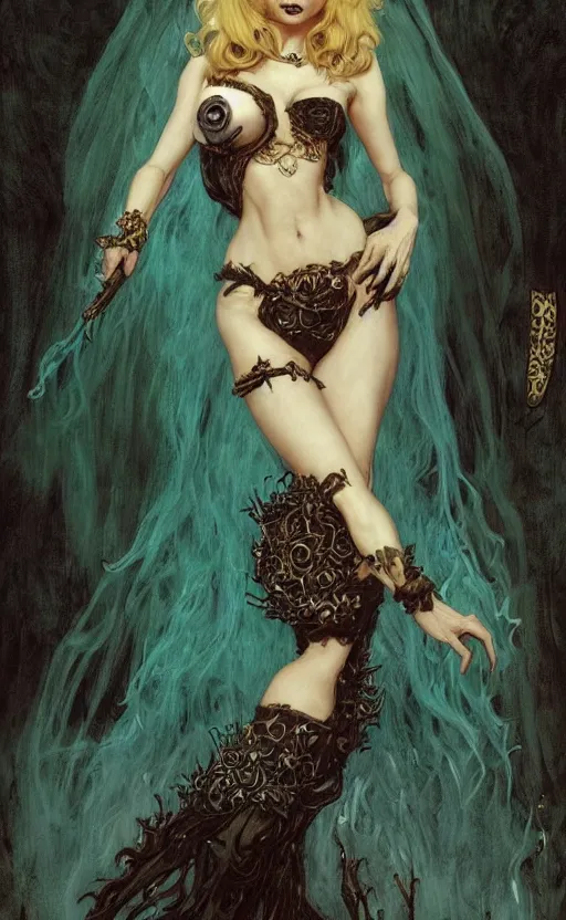 Image similar to full length portrait of a woman who is a hybrid of cookie monster and taylor swift, sorcereress using dark seduction magic, d & d, medieval, fantasy, royo, klimt, miro, vallejo, frazetta, alphonse mucha, greg rutkowski, whealan