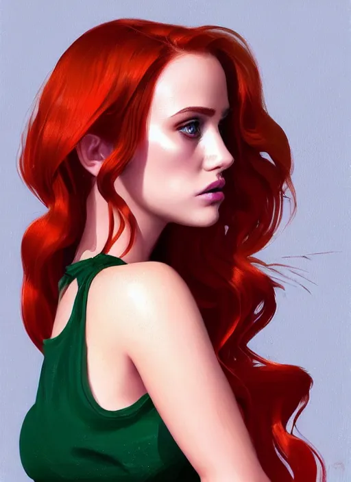 Image similar to full body portrait of teenage cheryl blossom, bangs, green eyes, mischievous expression, red hair, sultry smirk, bangs and wavy hair, intricate, elegant, glowing lights, highly detailed, digital painting, artstation, concept art, smooth, sharp focus, illustration, art by wlop, mars ravelo and greg rutkowski