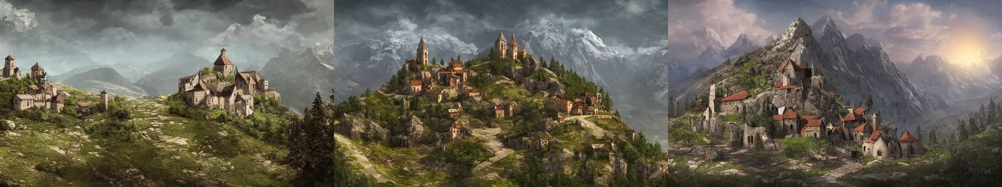 Prompt: a small medieval old monastery on the top of a rough, steep mountain with great view on other mountains, epic, no trees, no foliage, realistic light, fantasy, digital art