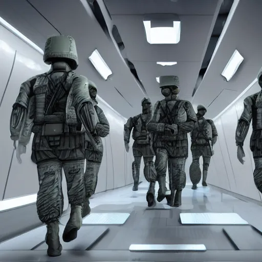 Image similar to a squad of futuristic soldiers in a spaceship hallway