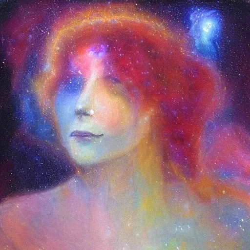 Prompt: hypatia dissolving into a nebula, smiling, oil painting