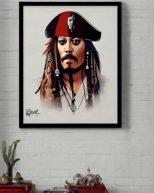 Image similar to a detailed poster in white frame hanging on the wooden wall, portrait of captain jack sparrow, in the style of ilya kuvshinov, rossdraws, wlop