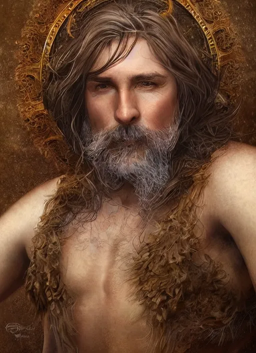 Image similar to a relaxed male middle aged druid in a sleeveless west, short brown hair, stringy, full body, 8 k, hyperrealistic, hyperdetailed, fantasy portrait by laura sava