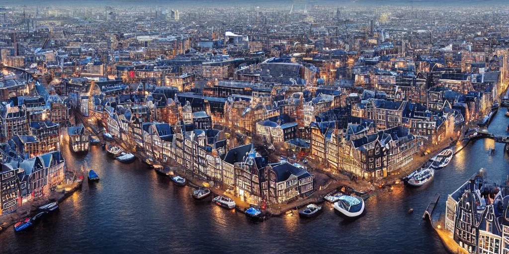 Image similar to futuristic photo of Amsterdam in a sci-fi style, 8K, hyper realistic, very detailed,