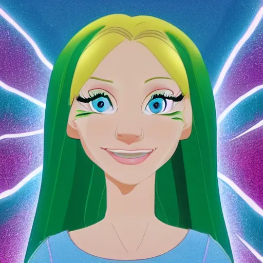 Image similar to Disney animation of a cute blonde girl with green eyes, symmetrical face