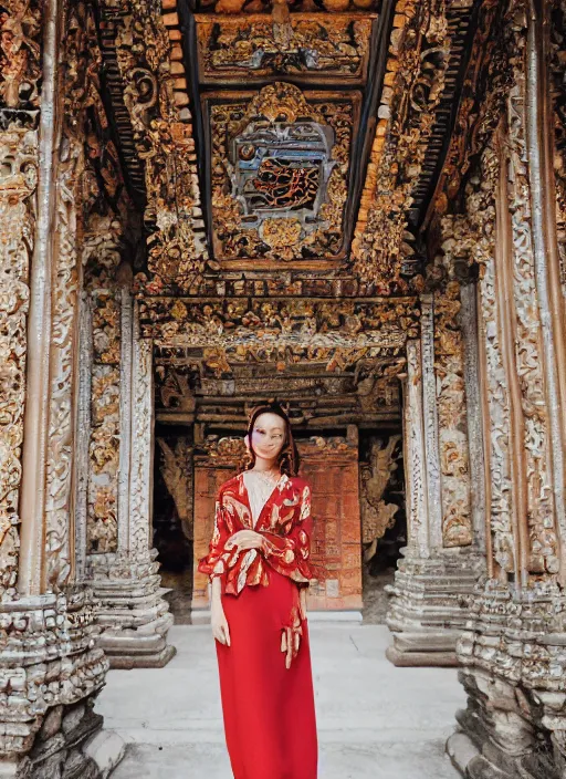 Image similar to portrait of elizabeth lily wearing kebaya in bali temple, by charlotte grimm, natural light, detailed face, beautiful features, symmetrical, canon eos c 3 0 0, ƒ 1. 8, 3 5 mm, 8 k, medium - format print