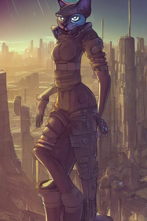 Image similar to a cyberpunk anthropomorphic cat with a fluffy tail staring over a futuristic city from the top of a roof, comic art, trending on furaffinity, cyberpunk, backlighting, cartoon, by kawacy