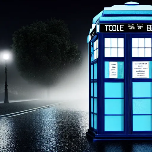 Image similar to a hyperdetailed photograph of the tardis sat on a futuristic street corner, night, dense fog, rain, hd, 8 k resolution