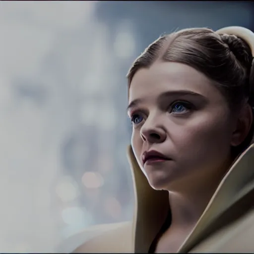 Image similar to Adult Chloe Moretz as Princess Leia, movie scene, DSMC2, 50mm, F1.4, studio lighting, professional, Look at all that detail!, Dolby Vision, UHD