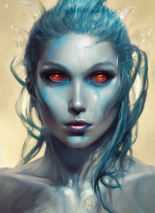 Image similar to a detailed full body portrait of a toned blue haired girl, the queen of blades, diablo 4 queen, a beautiful face, by dorian cleavenger, greg rutkowski, wlop, astri lohne, zdzisław beksinski trending on artstation