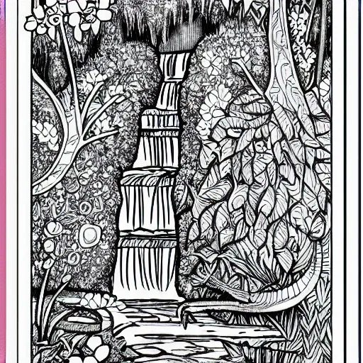 Prompt: an adult coloring page of a waterfall in the enchanted forest