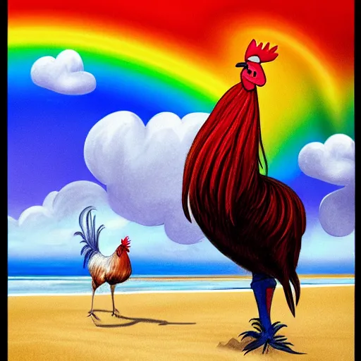 Image similar to a rooster wearing a fedora, standing on a unicorn, at the beach with a rainbow in the sky, hyperrealism