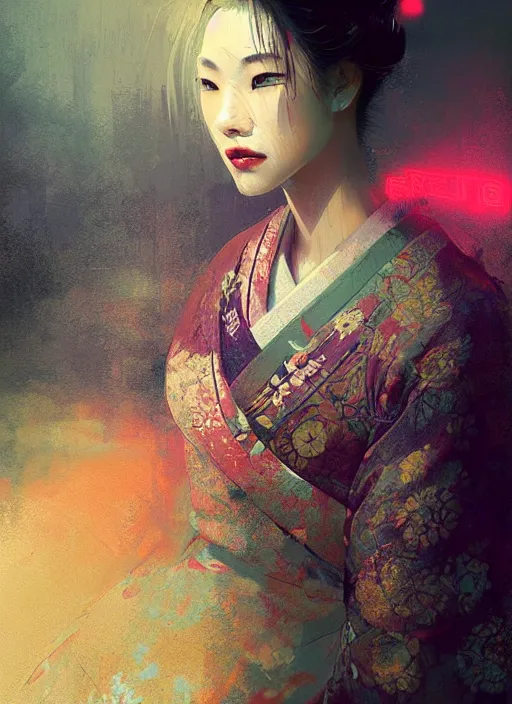 Image similar to female geisha girl, beautiful face, neon, rule of thirds, intricate outfit, spotlight, by greg rutkowski, by jeremy mann, digital painting