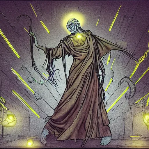 Prompt: pointing glowing cleric casting holy divine yellow spell , in the style of Greg Broadmore and junji ito and Arthur Rackham and Moebius, trending on artstation, light lighting side view,digital art,surrealism ,macro,blueprint ,vaporwave ,