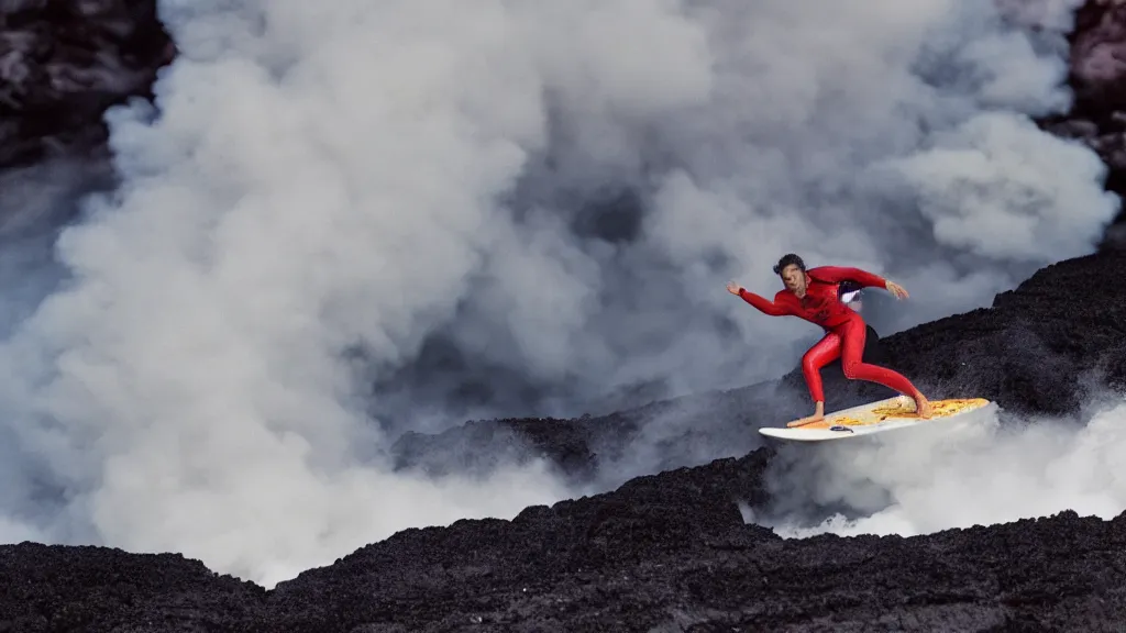 Prompt: medium shot of a person wearing a sponsored team jersey surfing down a river of lava on the side of a volcano on surfboard, action shot, dystopian, thick black smoke and fire, sharp focus, wide angle shot