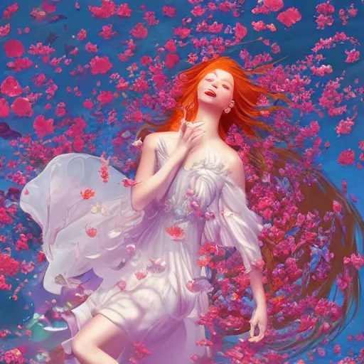 Image similar to Ginger woman in a swirling sundress of flowers, underwater, floral explosion, radiant light, vortex of plum petals, by WLOP, Hasui Kawase and artgerm, artstation, deviantart