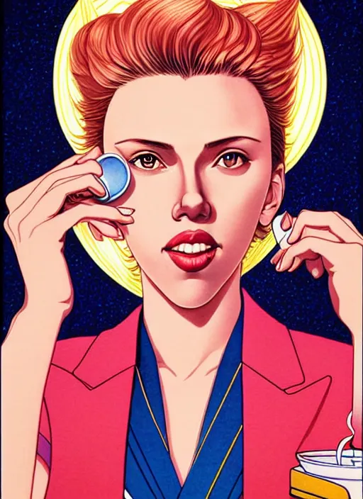 Prompt: realistic portrait of scarlett johansson as a sailor moon, making the coffee, early morning, light falling on face, futuristic, highly detailed, 8 0 - s style poster, sharp focus, illustration, art by kawase hasui,