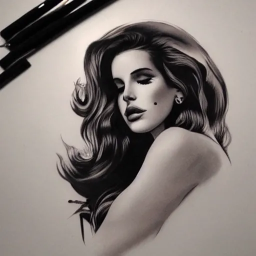 Image similar to Lana del rey tattoo design, photorealistic, dramatic