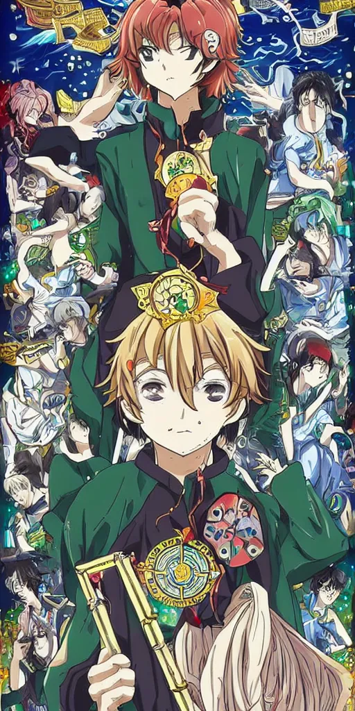 Image similar to Wheel of Fortune tarot card anime style drawn by Koyoharu Gotouge