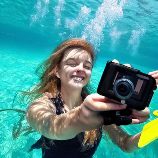 Prompt: woman taking a selfie with a fish, underwater, gopro photo