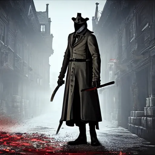 Prompt: a man with a long leather coat and a mask in a Victorian city street holding a saw, Bloodborne