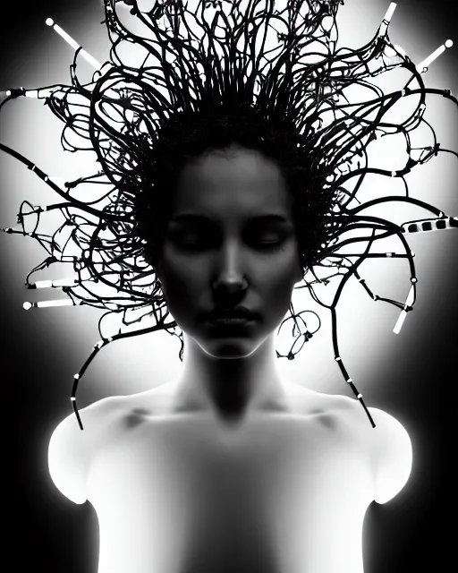 Image similar to black and white spiritual connected young female cyborg - plant goddess high quality photo, microchip, artificial intelligence, bio - mechanical bio - luminescence, black wired cables, neurons, nerve cells, cinematic, rim light, photo - realistic, elegant, high detail, 8 k, masterpiece, high fashion