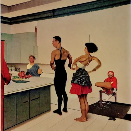 Prompt: Lone dance in spandex in the minimalist kitchen. Norman Rockwell painting.