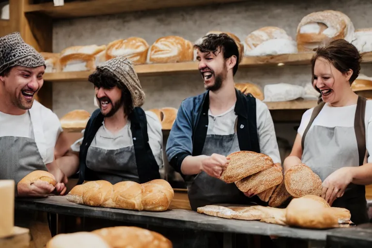 Prompt: 3 people in a bakery laughing at bread,