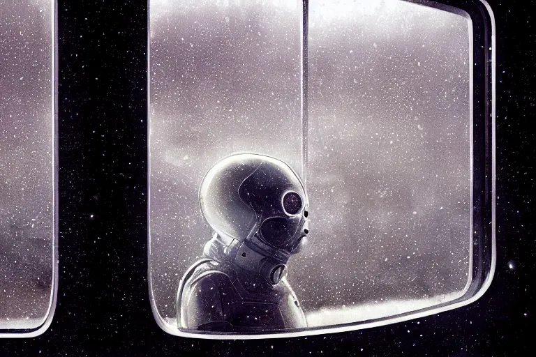 Image similar to a cinematic painting of an alien inside of spaceship looking out of a small rainy window, beautiful lighting, high depth, ultra realistic, artistic, by annie leibovitz and zack snyder