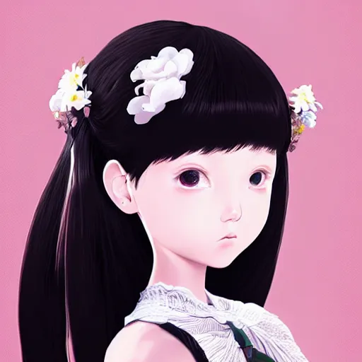 Prompt: little chinese girl with flowers in hair wearing an white dress. art by ilya kuvshinov, profile picture, inspired in hirohiko araki, realistic, highly detailed, 8 0 s anime art style