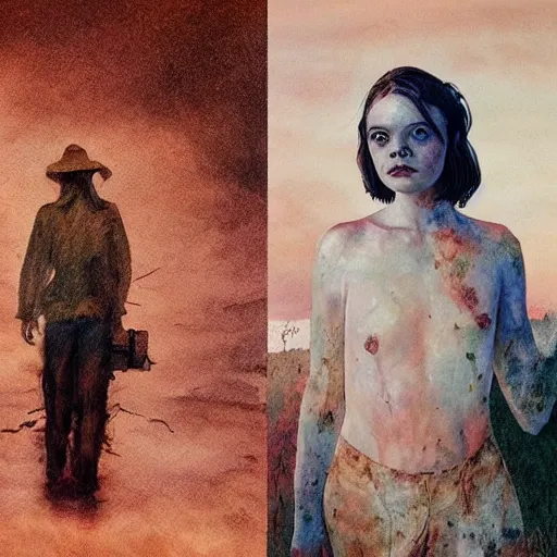 Image similar to Elle Fanning in the painted world of Hell, head and shoulders masterpiece, apocalypse, golden hour, cosmic horror, artstation, in the style of Andrew Wyeth and Edward Hopper and Bosch, extremely detailed