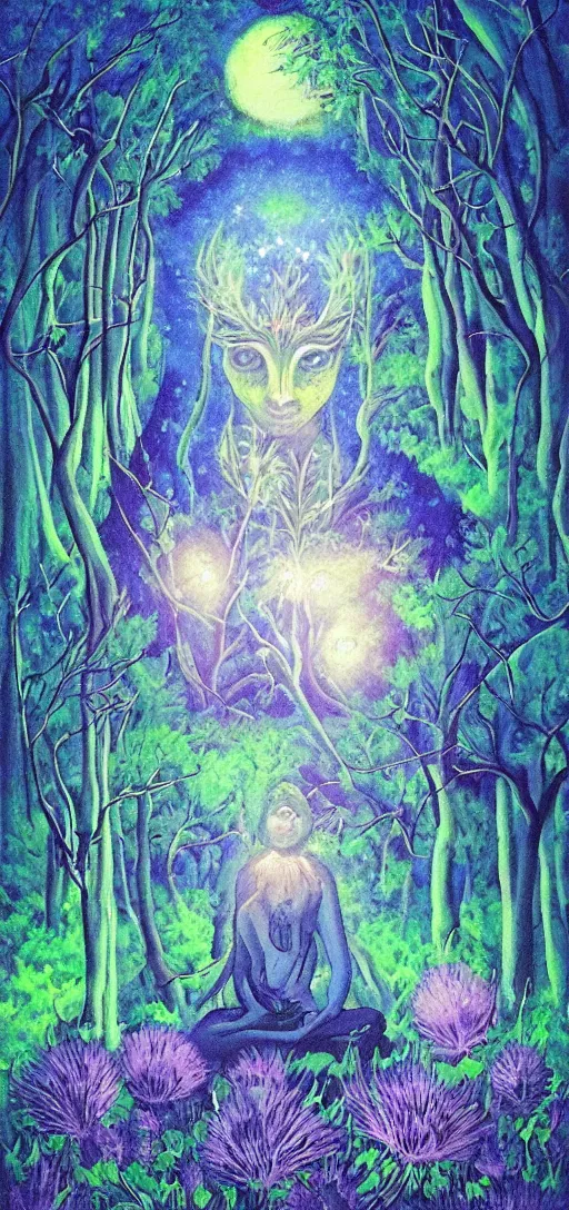 Prompt: painterly dreamy Kupala Night in the blue forest with trees, giant eyes in the grass, giant flowers, glowing owls, deers, women, lianas, thistles, giant fantasy creatures, a stream and sky with moon and stars, glowing Buddha in the center of the forest in the moment of enlightenment who remembered his previous horrifying amount of lifes, by Beksinski, Alex Grey, Aron Wiesenfeld and Giger dark fantasy, witcher, very detailed oil painting in the alla prima style, masterpiece, 8k