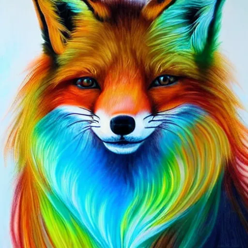 Prompt: luminescent colorful detailed airbrush painting of long haired fox
