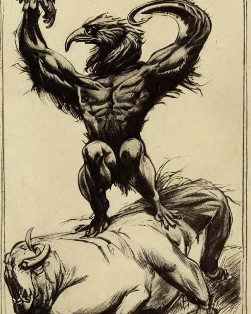 Image similar to a creature with the body and eyes of a man, beak of an eagle instead of a nose, the mane of a lion, two horns of an ox on the head. drawn by frank frazetta