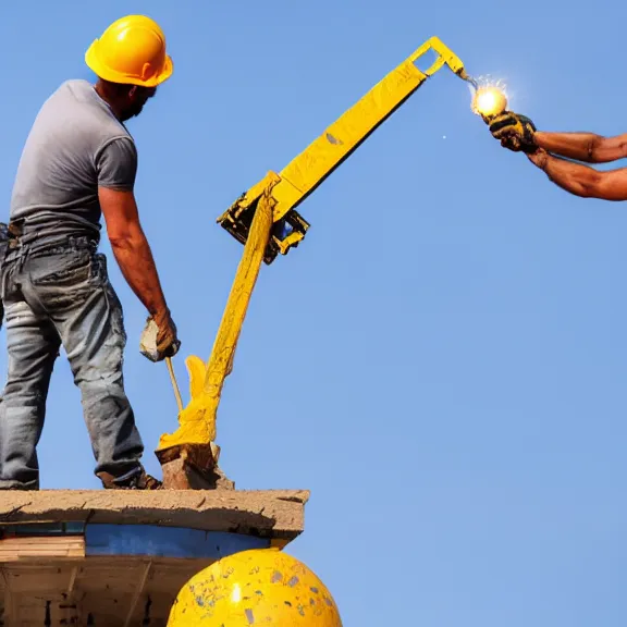 Image similar to two construction workers removing the moon from the sky