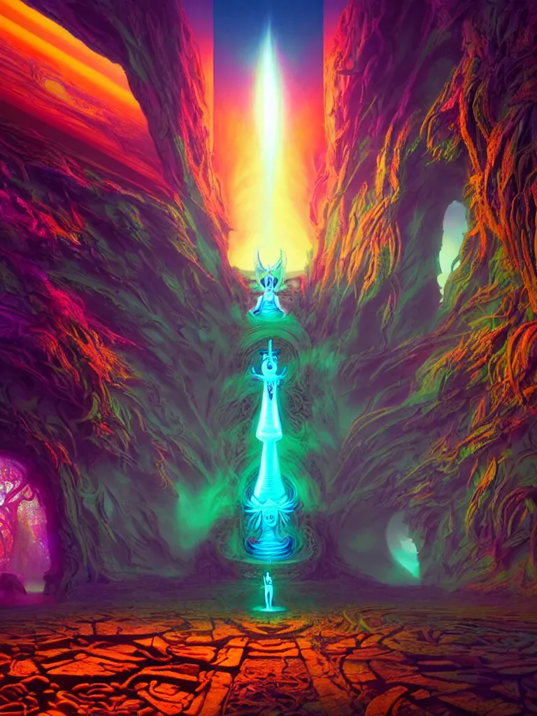 Prompt: entrance to ethereal realm, shiva waiting, rendered in unreal engine, central composition, symmetrical composition, dreamy colorful cyberpunk colors, 6 point perspective, fantasy landscape with anthropomorphic!!! terrain!!! in the styles of igor morski, jim warren, and rob gonsalves, intricate, hyperrealistic, volumetric lighting, neon ambiance, distinct horizon