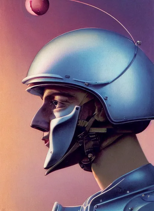 Image similar to beautiful extreme closeup portrait photo in style of frontiers in helmet Helmets of Emperor Charles V the Wise, faint iridescent sheen , science fashion magazine September retrofuturism edition, highly detailed, soft lighting, elegant , lighting, 35mm , Edward Hopper and James Gilleard, Zdzislaw Beksinski, Steven Outram, highly detailed